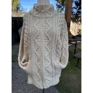 Aran Knit Cream Ivory Zip Cardigan Irish Fisherman Core Sweater Large